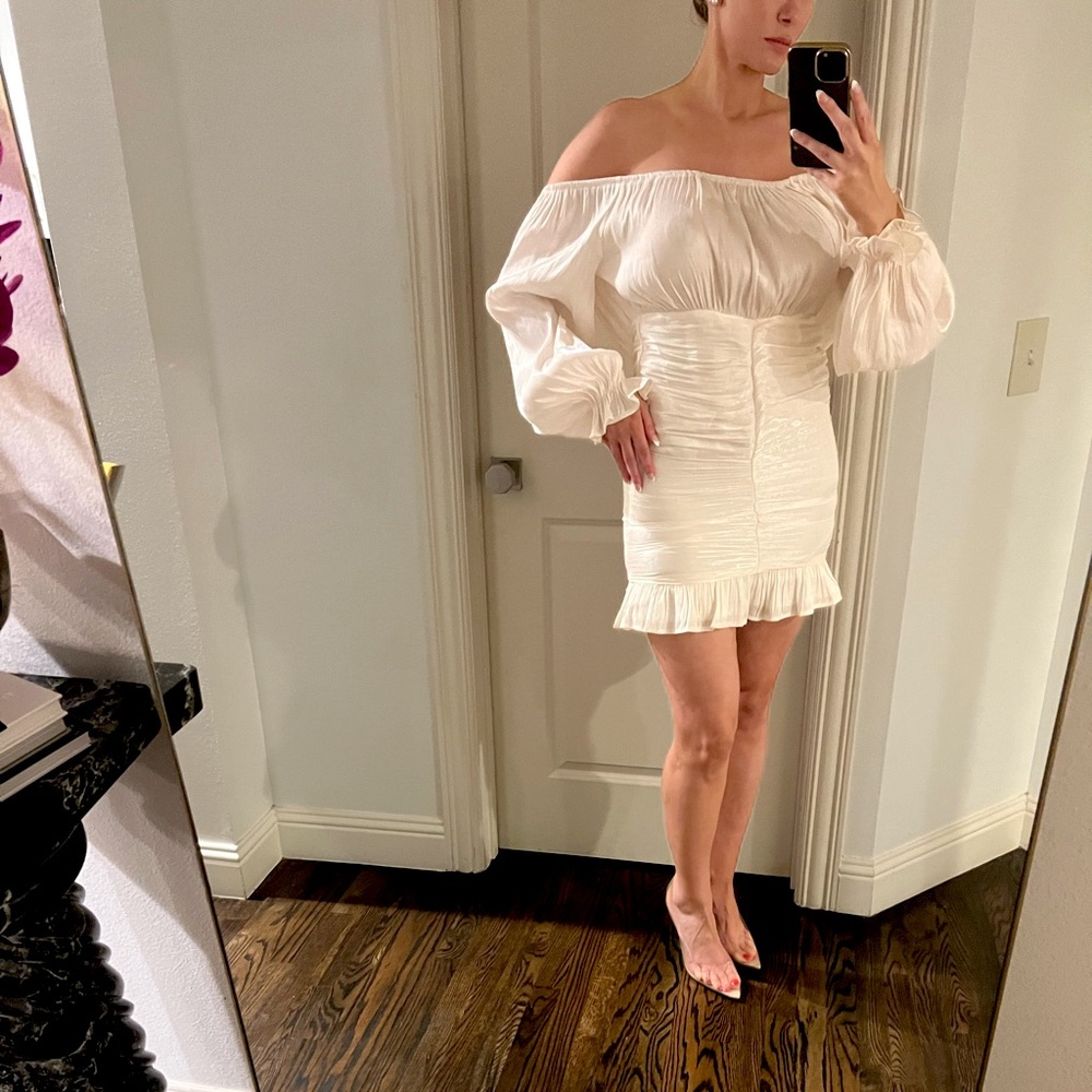 Shimmery Bardot style off the shoulder mini dress.